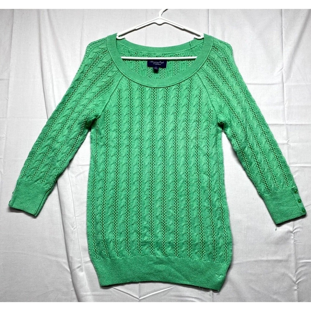 American Eagle Outfitters Sweater Women Large Green Cable Knit Cotton Scoop Neck